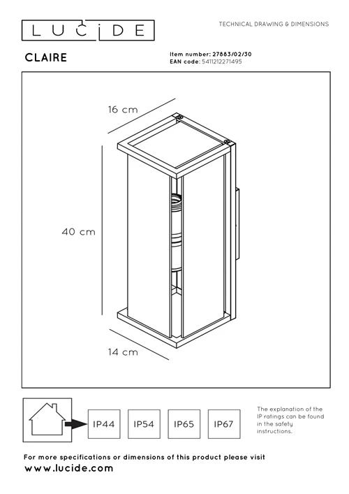 Lucide CLAIRE - Wandlamp Binnen/Buiten - 2xE27 - IP54 - Antraciet - technisch